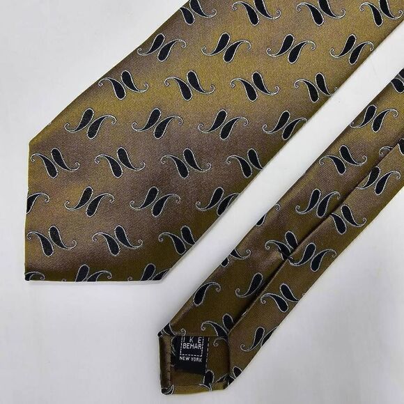 IKE BEHAR SILK TIE OLIVE GREEN BLACK GEOMETRIC PATTERN SATIN LUXURY 3.25" X 58" - Picture 1 of 3